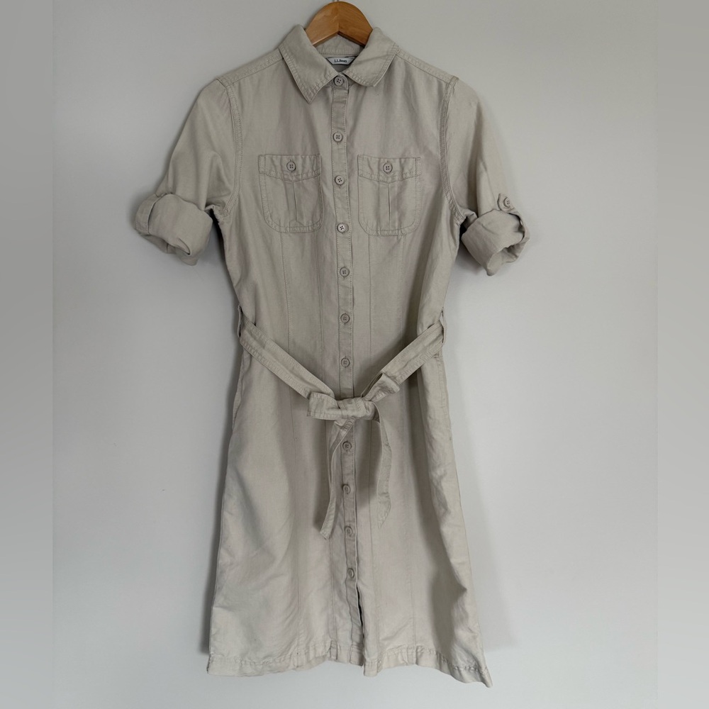 L.L. Bean Signature Camp Shirt Dress Linen Cotton Blend Button Front Khaki Sz XS